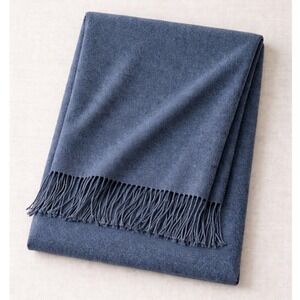 Restoration Hardware RH 100% Cashmere Throw Blanket Fringe Dark Slate Blue Grey